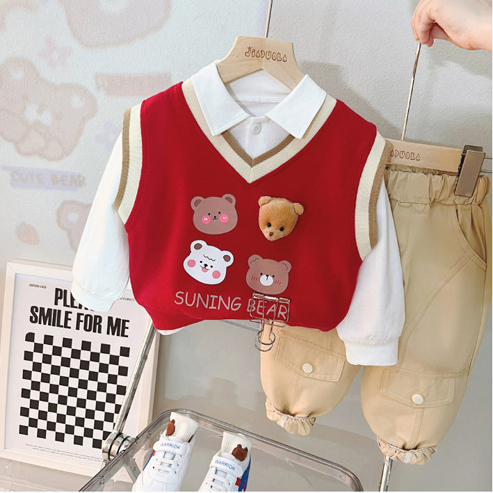 Toddler & Baby 3-Piece Bear Vest Outfit β Red, Black, White (10M-5Y)